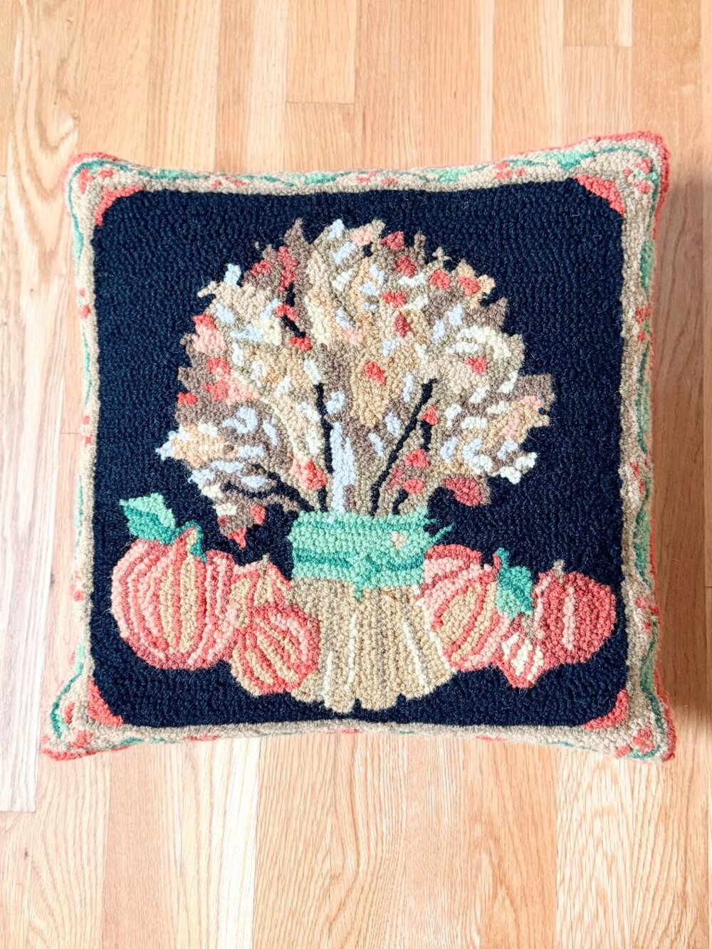 Vintage Peking Handicraft Hooked Wool Pumpkin Autumn Pillow 18x18